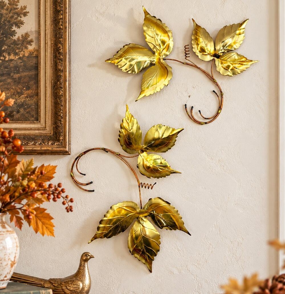 Vintage Brass Gold Falling Leaf Wall Decor Set Mid Century Wall Decor